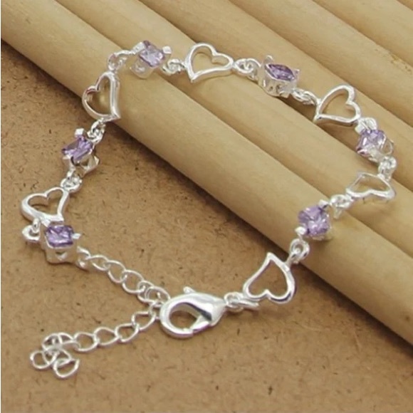 925 Sterling Silver Bracelet Heart Purple Crystal Zircon Bracelet For Woman - Picture 3 of 4